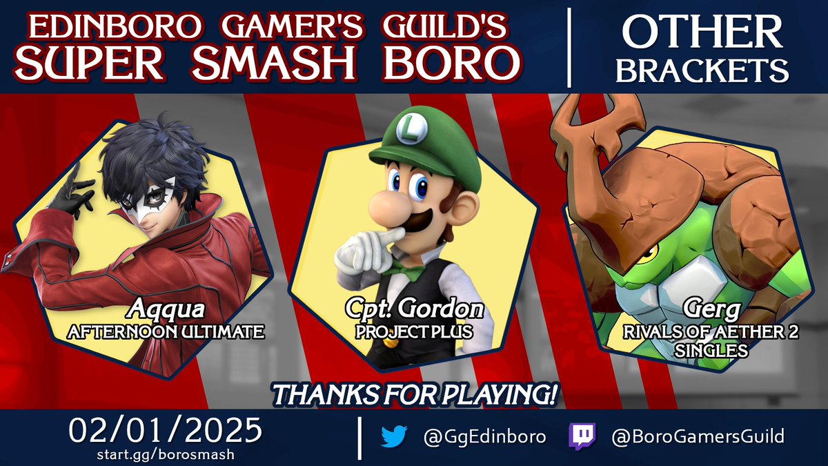 Here are your winners of our other events at Smash Boro #78!

- <a href="/jimyatta/">Aqqua</a> wins Afternoon Ultimate, beating ShockFire101 &amp; Aries.
- <a href="/_JordanHess/">Jordan Hess</a> wins Project Plus from losers side, beating SkratchPost.
- <a href="/itsgerg_/">Gerg</a> wins Smash Boro's first Rivals 2 bracket on Winners' Side.