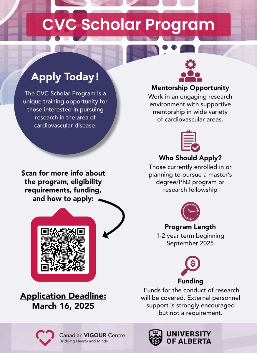 Canadian VIGOUR Centre (@cvc_ualberta) on Twitter photo Now accepting applications! The CVC Scholar Program is a unique training opportunity for those interested in pursuing research in cardiovascular disease.
🗓️Applications close March 16th.
More info: thecvc.ca/programs-and-d……
<a href="/UAlberta_FoMD/">UAlberta Med & Dent</a> <a href="/UAlberta_DoM/">UAlberta Medicine</a> #cardiotwitter Now accepting applications! The CVC Scholar Program is a unique training opportunity for those interested in pursuing research in cardiovascular disease.
🗓️Applications close March 16th.
More info: thecvc.ca/programs-and-d……
<a href="/UAlberta_FoMD/">UAlberta Med & Dent</a> <a href="/UAlberta_DoM/">UAlberta Medicine</a> #cardiotwitter
