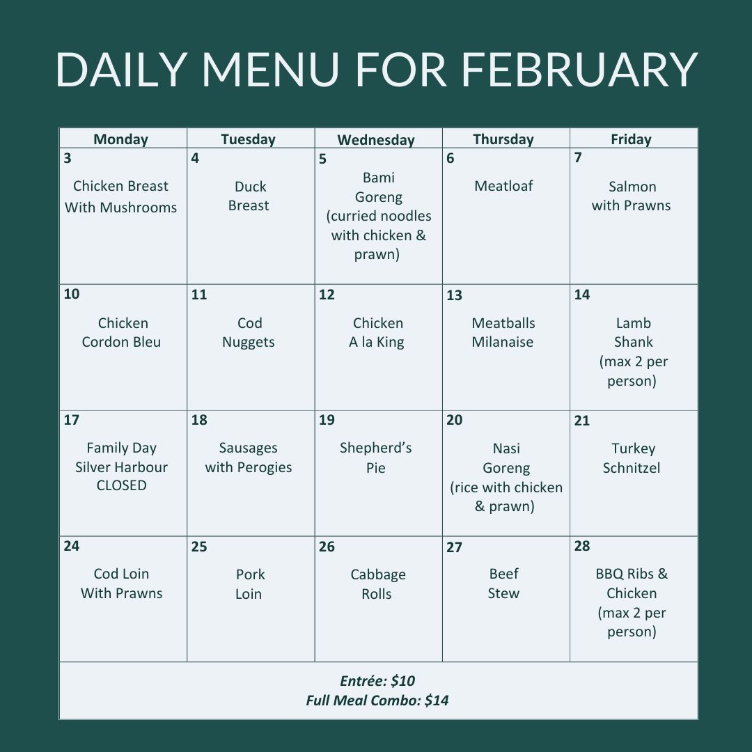 Warm up this February with our delicious, home-cooked meals! 🍽️

Entrée: $10
Full Meal Combo: $14 (Includes sides &amp; dessert!)

☕ Drinks &amp; Refreshments: 10:00 am – 1:00 pm
🍛 Hot Full Course Lunch: 11:30 am – 12:45 pm

Join us for a nutritious and affordable meal in great company