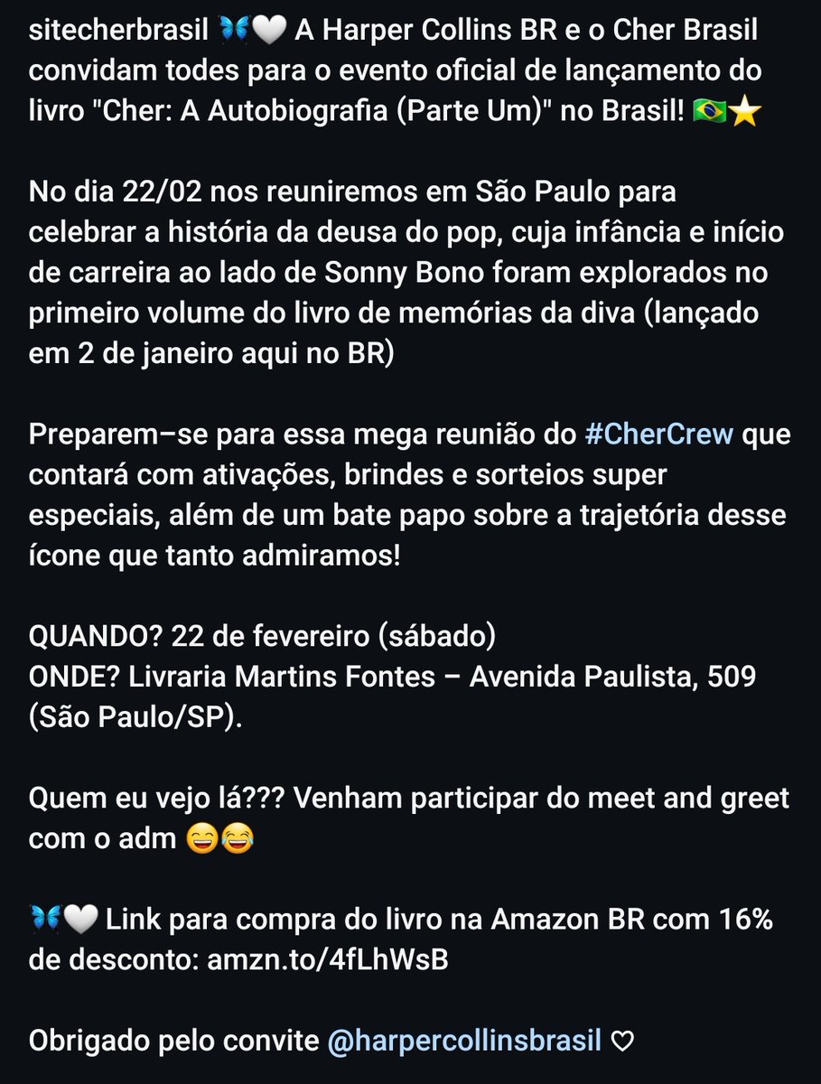 SiteCherBrasil's tweet photo. No dia 22/02 teremos um meet do #CherCrew em São Paulo para celebrar a história da deusa do pop com ativações, brindes e sorteios super especiais, além de um bate papo sobre a trajetória desse ícone que tanto admiramos! https://t.co/PMpZrdGGdU