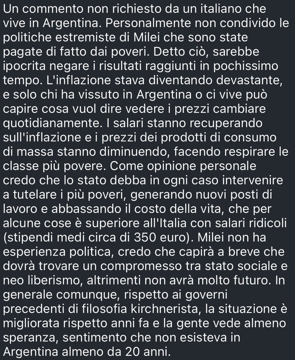 Simone_4996's tweet photo. Riassunto: vivo in Argentina e Milei sta facendo molto bene. 

Però un po’ di Stato ci vuoleeeeeeehhhhhhhhh

P.s: le politiche sono state pagate dai poveri ma contemporaneamente i prezzi sono diminuiti e più stabili e i salari stanno recuperando, ok 😂 https://t.co/tVjTmGEe3m