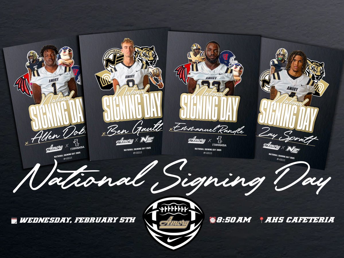 Amory Football (@amoryfb) on Twitter photo 🏉 National Signing Day 2025‼️
🗓️ Wednesday, Feb. 5th
⏰ 8:50 am
📍 Amory HS Cafeteria
<a href="/AmoryHighSchool/">Amory High School</a>
<a href="/BenGault25/">Ben Gault</a> <a href="/ADobbs_1/">⭐️Allen Dobbs ⭐️</a>
<a href="/ispratt1/">Zay Spratt</a> <a href="/randle_emmanuel/">Emmanuel Randle “DUECE DUECE”⭐️</a>
Class of ‘25 | 4 yrs | 39 wins | 20 inks 🏉 National Signing Day 2025‼️
🗓️ Wednesday, Feb. 5th
⏰ 8:50 am
📍 Amory HS Cafeteria
<a href="/AmoryHighSchool/">Amory High School</a>
<a href="/BenGault25/">Ben Gault</a> <a href="/ADobbs_1/">⭐️Allen Dobbs ⭐️</a>
<a href="/ispratt1/">Zay Spratt</a> <a href="/randle_emmanuel/">Emmanuel Randle “DUECE DUECE”⭐️</a>
Class of ‘25 | 4 yrs | 39 wins | 20 inks