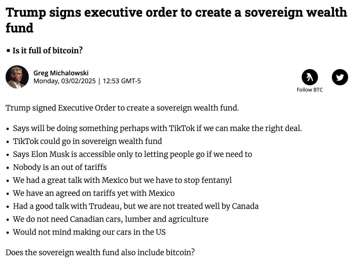 TRUMP SIGNS EXECUTIVE ORDER TO CREATE SOVEREIGN WEALTH FUND Will it include  Bitcoin?