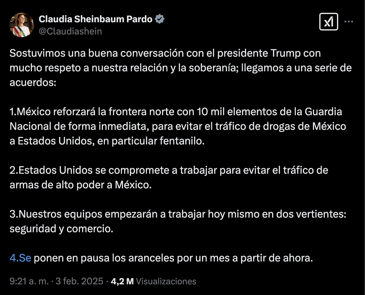 MVStvOficial's tweet photo. 🚨ÚLTIMA HORA: Sheinbaum anuncia que se ponen en pausa los aranceles por un mes tras hablar con Trump.
#ULTIMAHORA #ArancelesAMéxico #EEUU #Mexico #ARANCELES #MVSTV https://t.co/WRxpLtZpme