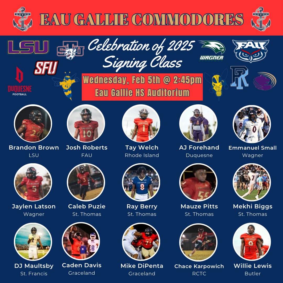 Manny Lherisse (@mannylherisse) on Twitter photo Congratulations to the 15 EG Commodore Football players in the Class of 2025 who will graduate and move on to play ball at the collegiate level! #TheFactory <a href="/EauGallieHC/">Coach Sands</a> <a href="/EGCoach_Ramos/">Coach Ramos</a> <a href="/QNHall_Uno_JTG/">Coach Hall</a> <a href="/cphat0421/">Coach C Phat</a> <a href="/gallojack5/">Jack Gallo</a> <a href="/Danian_74/">Coach Alvarez</a> Congratulations to the 15 EG Commodore Football players in the Class of 2025 who will graduate and move on to play ball at the collegiate level! #TheFactory <a href="/EauGallieHC/">Coach Sands</a> <a href="/EGCoach_Ramos/">Coach Ramos</a> <a href="/QNHall_Uno_JTG/">Coach Hall</a> <a href="/cphat0421/">Coach C Phat</a> <a href="/gallojack5/">Jack Gallo</a> <a href="/Danian_74/">Coach Alvarez</a>