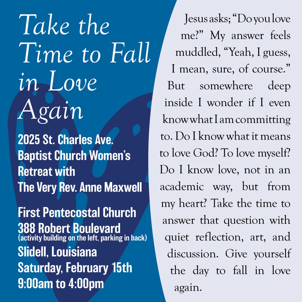 StCharlesAveBC's tweet photo. Join our Women's Retreat on Feb. 15.  It is open to all.  Very Rev. Anne Maxwell is Dean, St. Andrew's Episcopal Cathedral, Jackson, MS.  Register or learn more:  office@scabc.org. https://t.co/pfS5jr2dT2