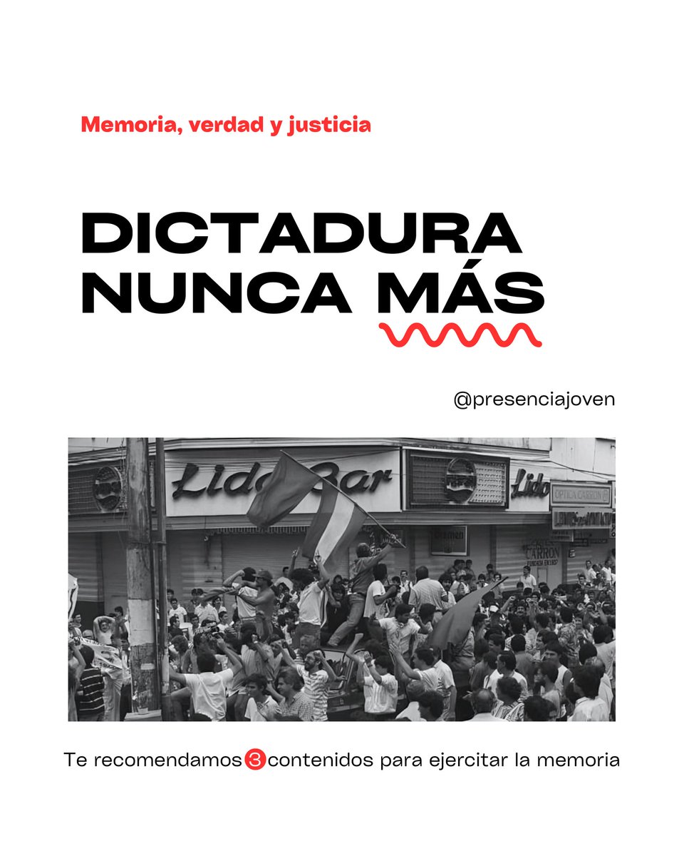 📢 A 36 años de la caída de la dictadura Stronista, alzamos nuestras voces para decir ¡NUNCA MÁS!

🔽 Te compartimos 3 contenidos para ejercitar la memoria.

💬 ¿Qué otros contenidos recomendarías? 

#nuncamás
