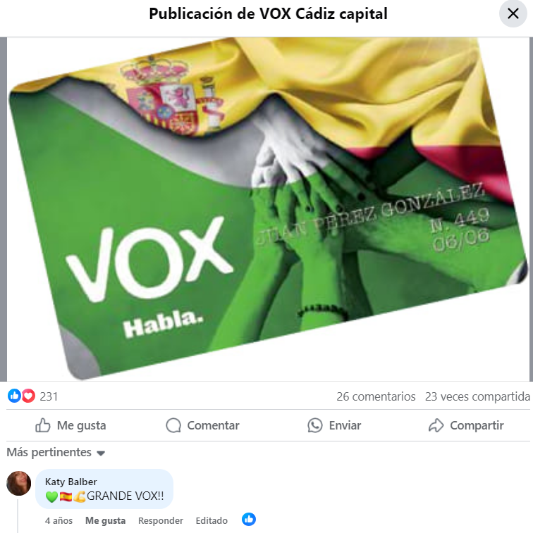JulianMaciasT's tweet photo. Katy Balber fue la persona que se coló en el Carnaval de Cádiz liderando una chirigota negacionista que fue un escándalo, pero antes ya se coló en VOX siendo responsable de afiliación en Cádiz, en un pleno del Ayto de Burgos y en las manifestaciones del campo con Lola Guzmán. https://t.co/ZnM0HazYJX