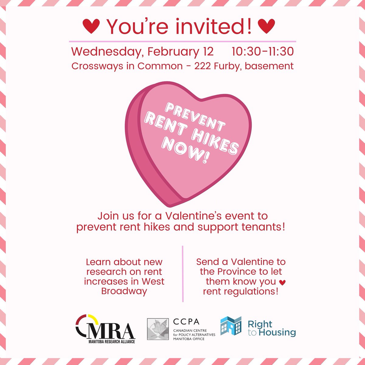 For the love of tenants, join us on February 12th to help stop rent hikes! 

The Right to Housing coalition is launching a campaign urging the province to keep rents affordable. Plus, a new report on rent hikes in West Broadway will be released! #mbpoli