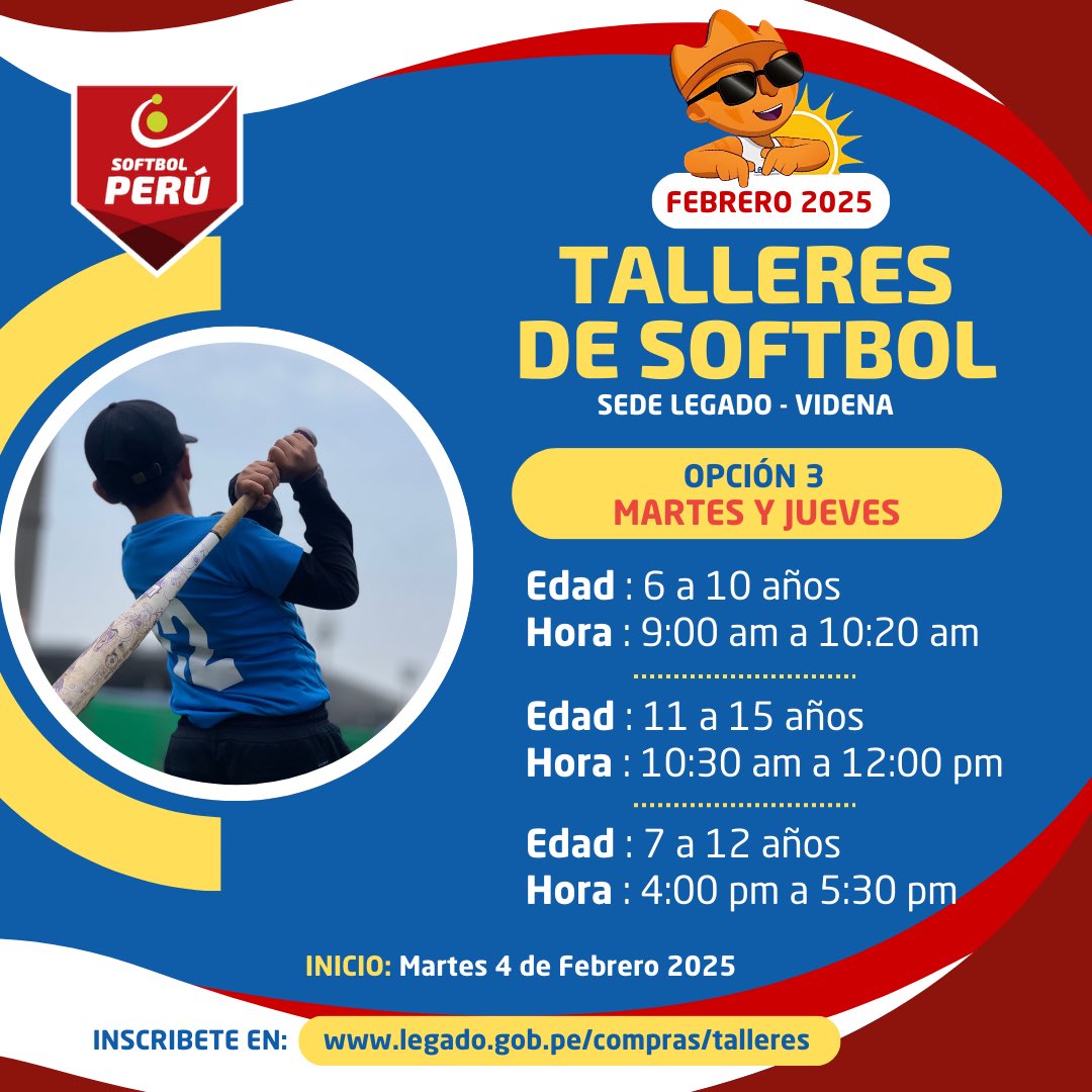 Softbol_Peru's tweet photo. ☀️😎🥎 Aprovecha el último mes de vacaciones y sigue practicando o aprendiendo a jugar softbol 🥎 en la Sede Legado VIDENA

📝 INCRIBETE AQUI 👉🏻 https://t.co/M8DvScNLCD

#JuegaSoftbol #Verano2025 https://t.co/RRNweylvVO
