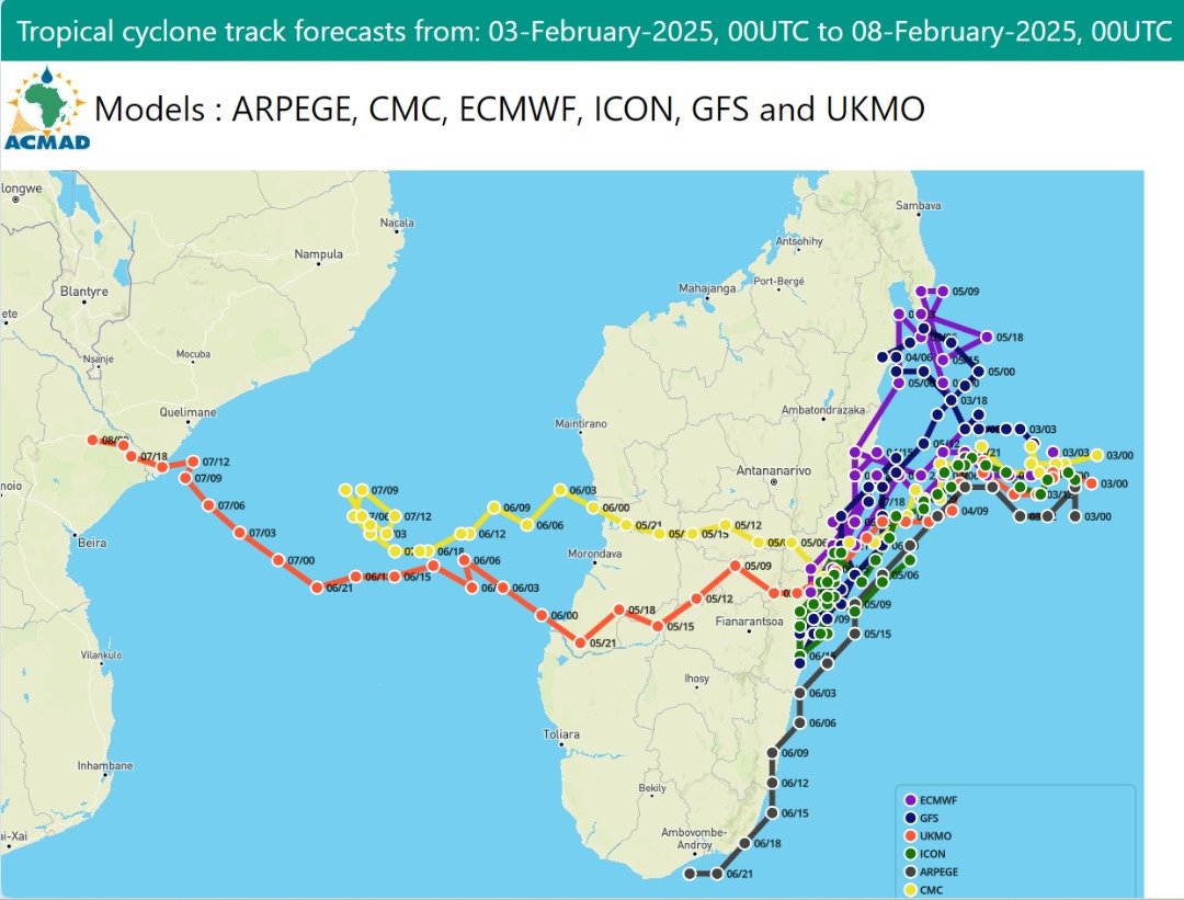 ACMAD_org's tweet photo. 🌀#TropicalStorm Tracking-Feb3,2025
Moderate Tropical Storm #Faida is moving westward toward #Madagascar,expected to intensify before landfall on Feb 4th. It will weaken after crossing Madagascar,move toward Mozambique Channel, intensifying as it nears Mozambique
#StayUpdate #EWS https://t.co/JBOU8DMBxA
