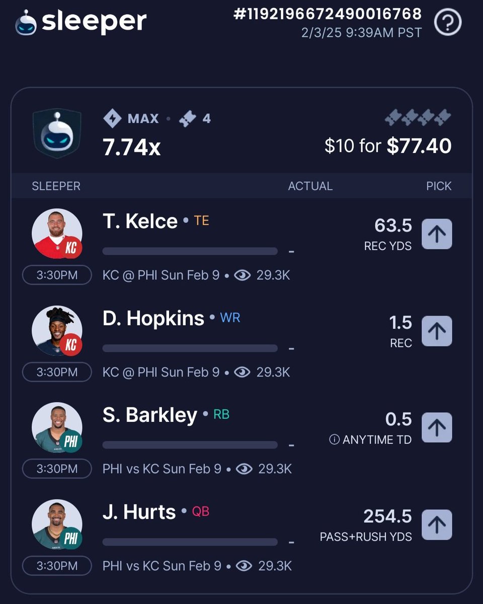 My picks for the super bowl on <a href="/SleeperHQ/">Sleeper</a>  🙏I feel like 3 of them are safe but 1 I'm not sure about. Which ones are safe?