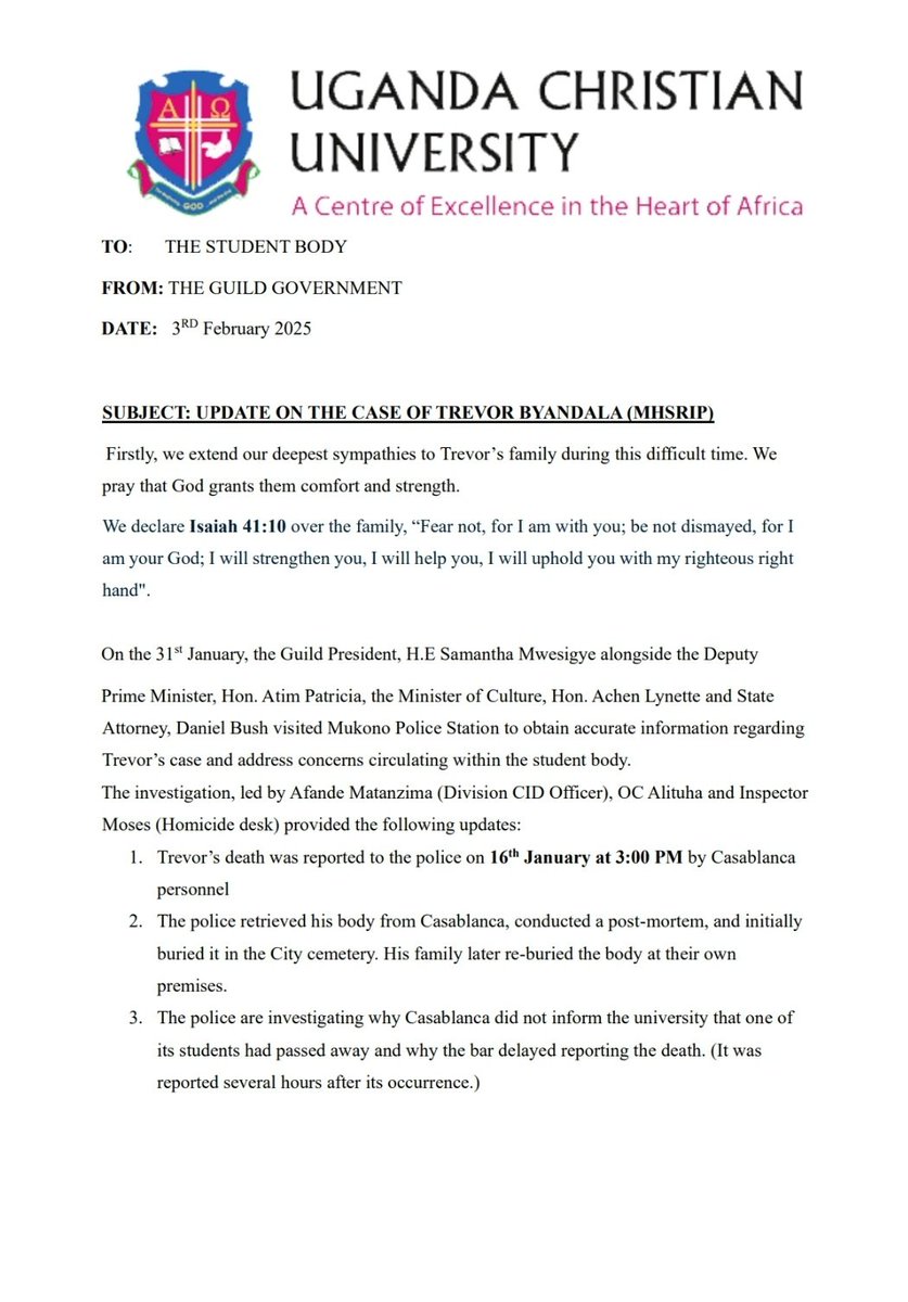 theucuguild's tweet photo. Official memo; Update on the case of Trevor Byandala (MHSRIP). Read more below. https://t.co/jiRSMKVAAO