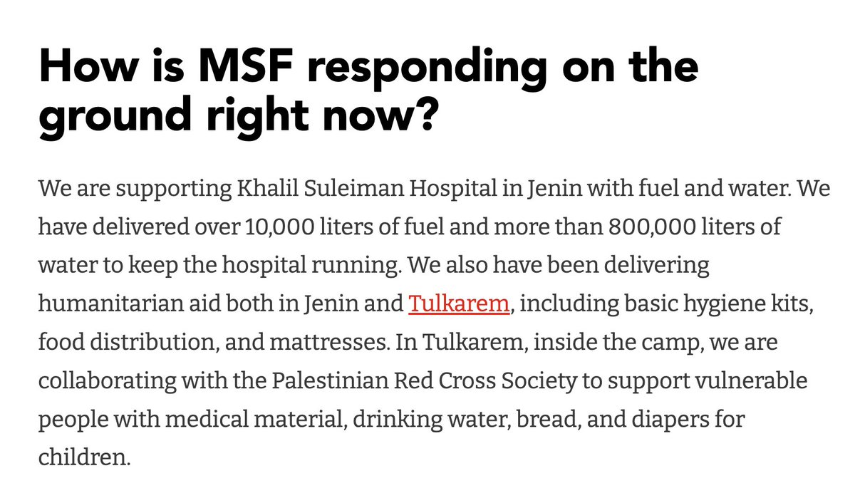 MSF_USA's tweet photo. WEST BANK UPDATE: On Sunday, Israeli forces destroyed 23 buildings by carrying out several simultaneous attacks in Jenin refugee camp.

These massive destructions are part of a military operation launched by Israel on January 21.

The blockade caused by this ongoing operation is leading to a shortage of vital supplies. 

We've been supporting Jenin hospital with 10,000 liters of fuel and 800,000 liters of water. We also provided hygiene kits, food distribution and mattresses for Jenin and Tulkarem camps.

According to the Ministry of Health, the two-week-long military operation has killed at least 50 Palestinians, including a 2-year-old girl. 

So far, 20,000 people in Jenin and more than 6,000 in Tulkarem have been forcibly displaced, and an estimated 150-180 homes have been severely damaged.

Since the ceasefire was implemented in Gaza, there has been an escalation of extreme violence occurring across the West Bank, particularly in Jenin, Tulkarem and Tubas. 

This is unacceptable. 

Despite the restrictions on movement caused by insecurity, we are committed to staying and supporting residents.