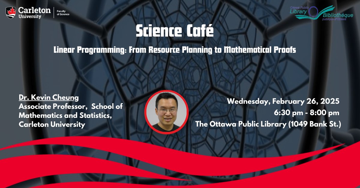 Carleton Science (@carletonscience) on Twitter photo How do navigation apps find the best route? From transit scheduling to supply chains, linear programming solves complex problems efficiently.
Join Dr. Kevin Cheung at our next Science Café to explore its power!
Register: shorturl.at/I87WP How do navigation apps find the best route? From transit scheduling to supply chains, linear programming solves complex problems efficiently.
Join Dr. Kevin Cheung at our next Science Café to explore its power!
Register: shorturl.at/I87WP