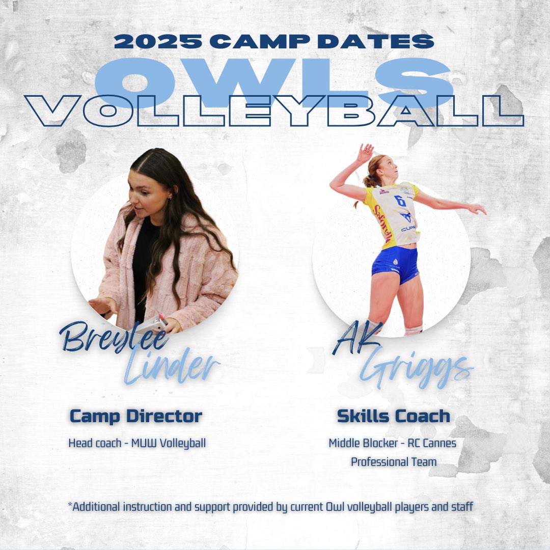 thewvolleyball's tweet photo. MARK YOUR CALENDARS🗓️ 2025 Owls Volleyball Camp Dates are here and registration is LIVE! Come join us this summer to SHARPEN old skills, LEARN new skills, and be ready to COMPETE🏐🦉☀️ 

#HootyHoo #WinEveryDay https://t.co/3J7ZrcbVMC