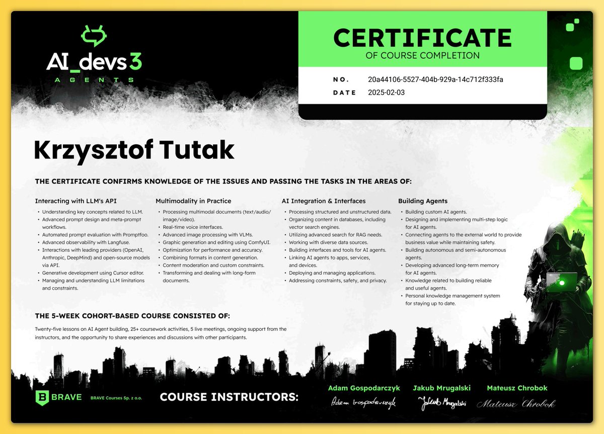 _ktutak's tweet photo. Numer Piąty melduje odbiór certyfikatu AI Devs 3 Agents.
Ogromne podziękowania dla ekipy #ai_devs - @_overment, @MateuszChrobok i @uwteam!
Dzięki za świetną robotę i wsparcie! 💪 https://t.co/ihcJp42P2z