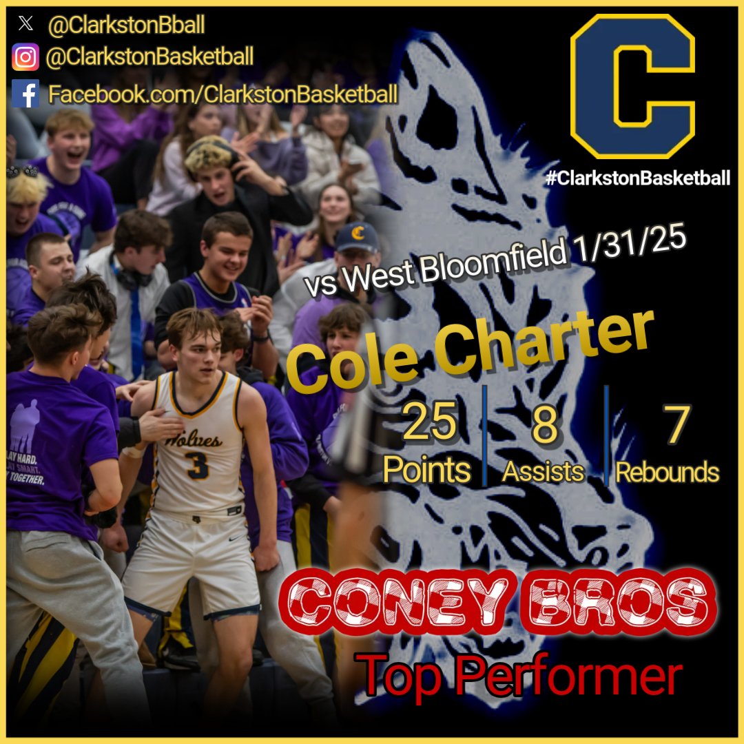 Cole Charter had himself a game on Friday night vs West Bloomfield. <a href="/ConeyBros/">ConeyBros</a> player of the game #ClarkstonBasketball