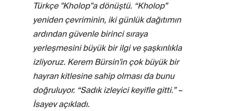 thebursinguncel's tweet photo. Rus sitesinde #Şımarık hakkında  

"Kholop yeniden çevriminin iki günlük dağıtımın ardından güvenle birinci sıraya yerleşmesini büyük bir ilgi ve şaşkınlıkla izliyoruz. Kerem Bürsin'in çok büyük bir hayran kitlesine sahip olması da bunu doğruluyor. Sadık izleyici keyifle gitti" https://t.co/9TkxJFLtrF