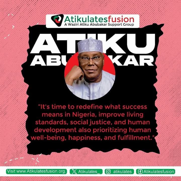 Atikulates_'s tweet photo. Atiku Abubakar Policy Document Series 

It's time to redefine success in Nigeria. Success should mean improved living standards, social justice, and human development, with a focus on prioritizing well-being, happiness, and fulfillment for all https://t.co/WAw1XrMqPi