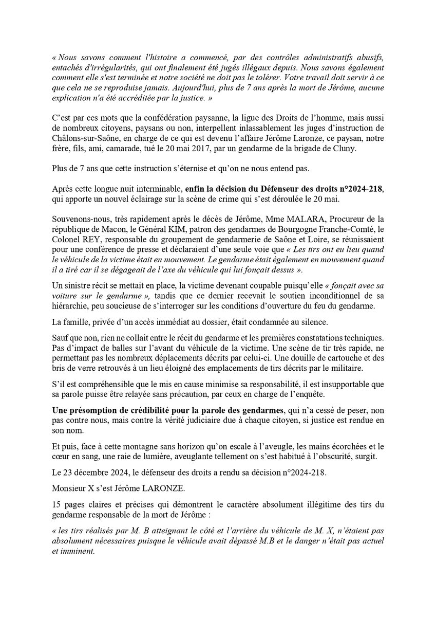 ConfPaysanne's tweet photo. La Défenseure des droits demande l'ouverture d'une procédure disciplinaire contre le gendarme qui a tué Jérôme Laronze, paysan &amp; membre de la Conf' de Saône-et-Loire. 
👉 https://t.co/QaCTKYleKm 
Cette décision doit en appeler d'autres !
La réaction de la famille de Jérôme 👇 https://t.co/gFDFfJIHCQ