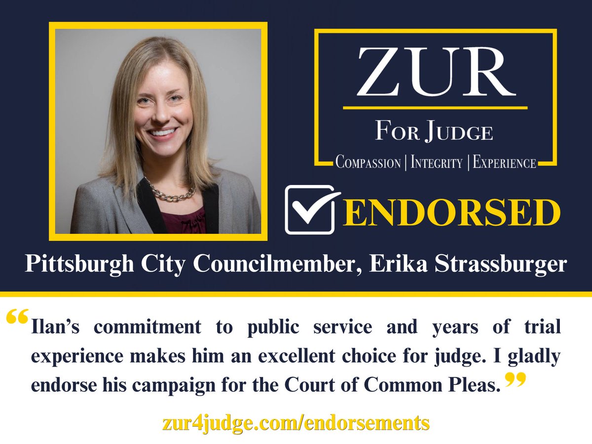 Zur4Judge's tweet photo. 🚨ENDORSEMENT ALERT 🚨

I'm honored to be endorsed by Pittsburgh City Councilmember Erika Strassburger! Erika's leadership in our community and her work on city council is inspiring. I'm honored to have her on #TeamZur!

Follow along this week for more announcements. https://t.co/bEziF8VLx4