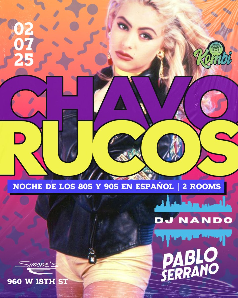 KombiChicago's tweet photo. Get ready to relive the best of the '80s and '90s at CHAVO RUCOS Night! A night filled with iconic tunes, themed cocktails, and retro vibes. https://t.co/gS20aK0LYM

Feb 7 From : 9 PM – 2 AM Location: Simone's Bar, 960 W 18th St https://t.co/An4NPwRCTi
