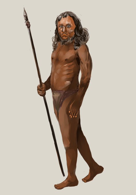 一万年前に欧州に棲んでいた、黒い肌に青い瞳の人類復元図(チェダーマン復元を下に)。やがてカフカスやアナトリアの方から新石器文化(農耕と牧畜)と共にやってくる白い肌と入れ替わったと「人類の祖先に会いに行く」ではなってますね。 