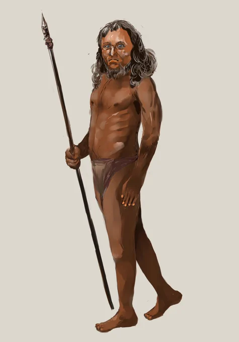 一万年前に欧州に棲んでいた、黒い肌に青い瞳の人類復元図(チェダーマン復元を下に)。やがてカフカスやアナトリアの方から新石器文化(農耕と牧畜)と共にやってくる白い肌と入れ替わったと「人類の祖先に会いに行く」ではなってますね。 