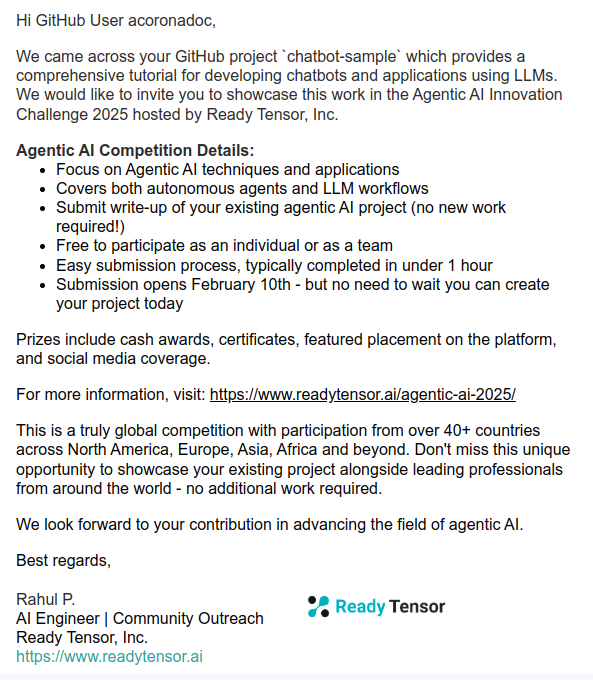 A partir del repo que hemos creado(github.com/acoronadoc/cha…) hemos recibido esta invitación para participar en el "Agentic AI Innovation Challenge 2025". Creeis que vale la pena teniendo en cuenta que el repo está en Castellano? Que me decís... #AI #LLM #AgenticAI