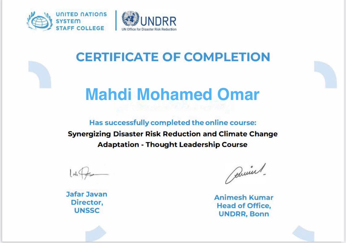 I officially become a certified, Synergizing Disaster Risk Reduction and Climate Change Adaptation - Thought Leadership Course. 

Thank you <a href="/UNSSC/">United Nations System Staff College</a> <a href="/UNDRR/">UNDRR</a> <a href="/animesh00/">Animesh Kumar</a> &amp; <a href="/jafjavan/">Jafar Javan</a>