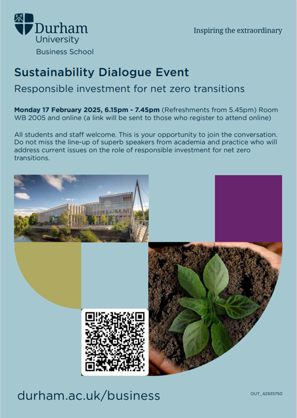 LMarsiliani's tweet photo. @DUBusSchool Sustainability Dialogue 2025 is fast approaching on 17 February at the Waterside Building @durham_uni. All students and staff welcome. Register at https://t.co/0kZXkUrWxG 
@durhameconomics, @DurhamCSDLP @DEI_durham https://t.co/LHVaMEEKrI