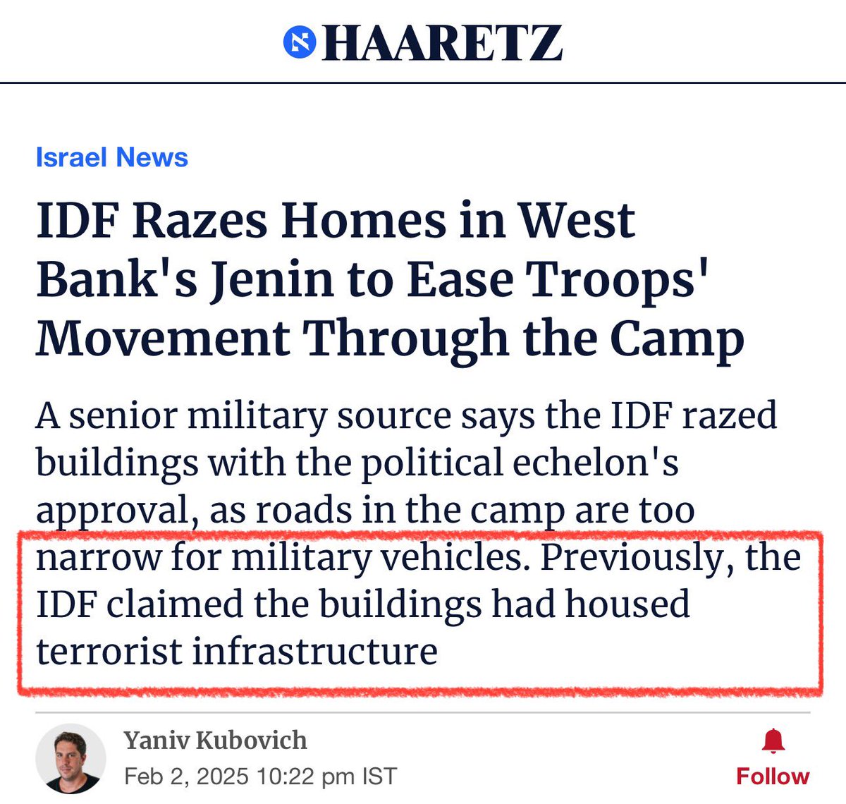 AssalRad's tweet photo. They lied, then blew up people’s homes so their occupation vehicles could get around with more ease on Palestinian land.

Israel just lies and commits war crime after war crime with total impunity. https://t.co/KlqbQ20ONm