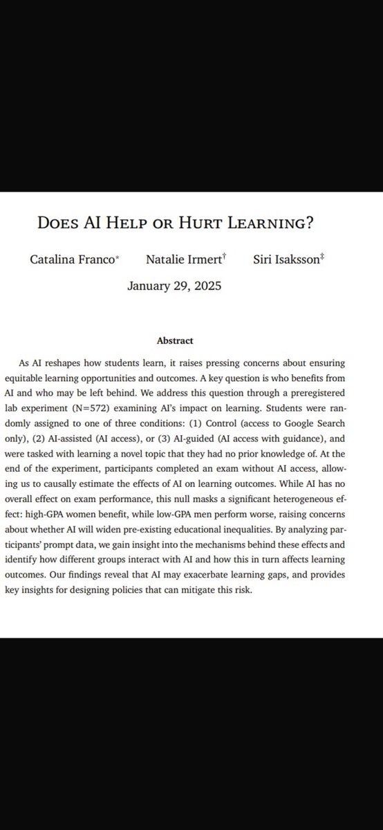 Siri Isaksson (@dorotheafrenkel) on Twitter photo Check out the abstract for our new paper on whether AI helps or hurts learning (joint w <a href="/NatalieIrmert/">Natalie Irmert</a> & C Franco).
Ill present this project in Japan, Sweden, Switzerland & Norway in the coming months ๐ฅณ
More info on our work on AI adoption on my website sites.google.com/view/siriisaksโฆ Check out the abstract for our new paper on whether AI helps or hurts learning (joint w <a href="/NatalieIrmert/">Natalie Irmert</a> & C Franco).
Ill present this project in Japan, Sweden, Switzerland & Norway in the coming months ๐ฅณ
More info on our work on AI adoption on my website sites.google.com/view/siriisaksโฆ