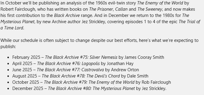 theblackarchive's tweet photo. Obverse Books is pleased to announce the Black Archive titles for 2025, covering stories from six Doctors and three decades. https://t.co/Ra1hBQMaK9