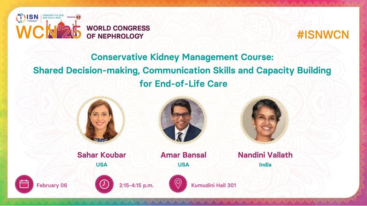 World Congress of Nephrology (@isnwcn) on Twitter photo STARTING NOW Conservative Kidney Management Course: Shared Decision-making, Communication Skills and Capacity Building for End-of-Life Care
🕗 2:15 pm
🗣️ <a href="/Koubar_Sahar/">Sahar Koubar</a> , Amar Bansal, Nandini Vallath
👥 Frank Brennan, Nandini Vallath, <a href="/SaraDavisonLab/">Kidney Supportive Care Research Group</a>
📍Kumudini Hall 301
#ISNWCN STARTING NOW Conservative Kidney Management Course: Shared Decision-making, Communication Skills and Capacity Building for End-of-Life Care
🕗 2:15 pm
🗣️ <a href="/Koubar_Sahar/">Sahar Koubar</a> , Amar Bansal, Nandini Vallath
👥 Frank Brennan, Nandini Vallath, <a href="/SaraDavisonLab/">Kidney Supportive Care Research Group</a>
📍Kumudini Hall 301
#ISNWCN