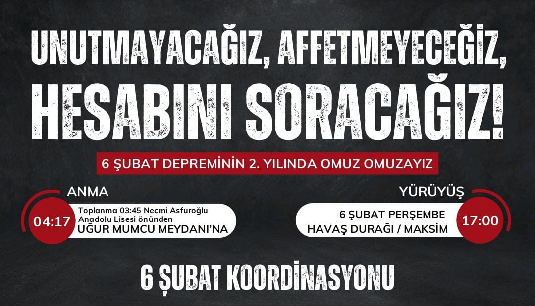 Unutmayacağız, Affetmeyeceğiz, Hesabını Soracağız.

6 Şubat depreminin 2. yılında bir aradayız.

#UnutmakYokAffetmekYokHelalleşmekYok
#UnutmayacağızAffetmeyeceğizHesapSoracağız
#6Şubat #Hatay #Defne #Antakya #Samandağ #6Şubat2023 #6ŞubatıUnutmaUnutturma #6Şubat2Yıl