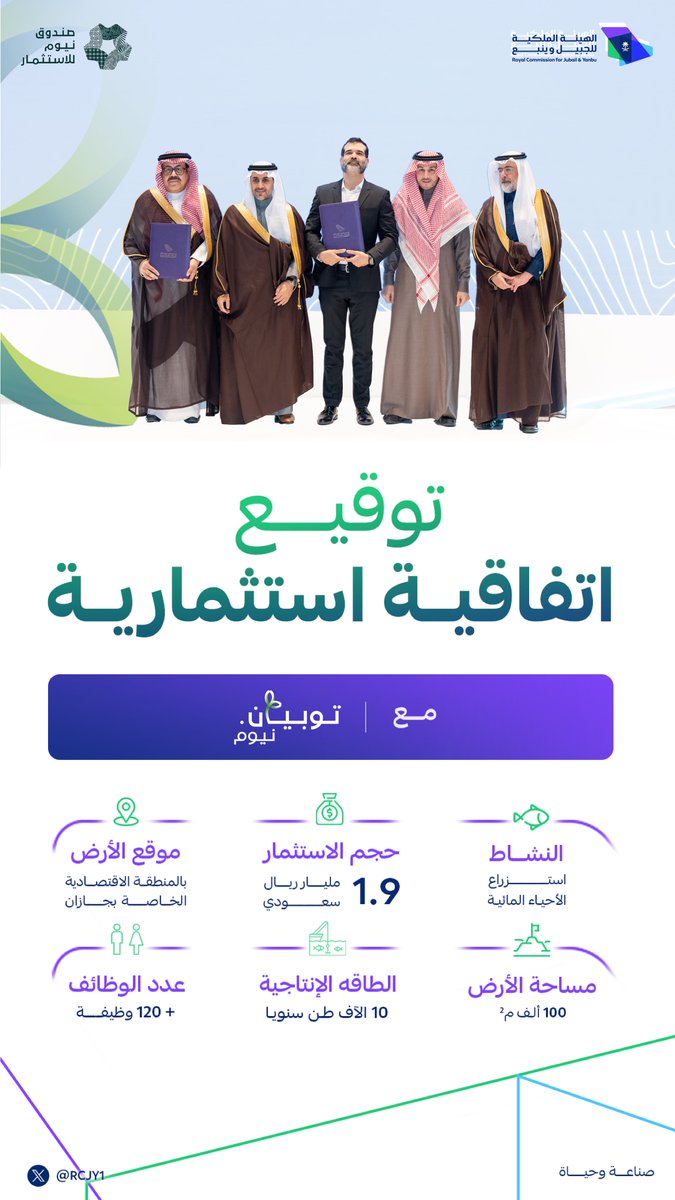 RCJY1's tweet photo. وقَّعت الهيئة الملكية للجبيل وينبع اتفاقية استثمارية مع شركة (نيوم للغذاء - توبيان) بمبلغ يقارب 2 مليار ريال، لإنشاء مشروع لاستزراع الأحياء المائية، وتعزيز صناعة الأغذية المستدامة، وذلك على هامش #المعرض_الدولي_للثروة_السمكية. https://t.co/0JJYUCEgi5