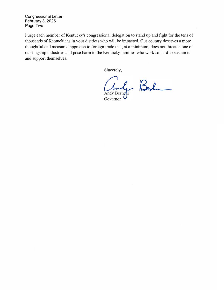 Harmful tariffs are putting our bourbon industry in danger, threatening the livelihood of over 23,000 Kentuckians and their families. I’m asking our congressional delegation to stand with me and fight for the folks who sustain our signature industry. bit.ly/40JMxk9