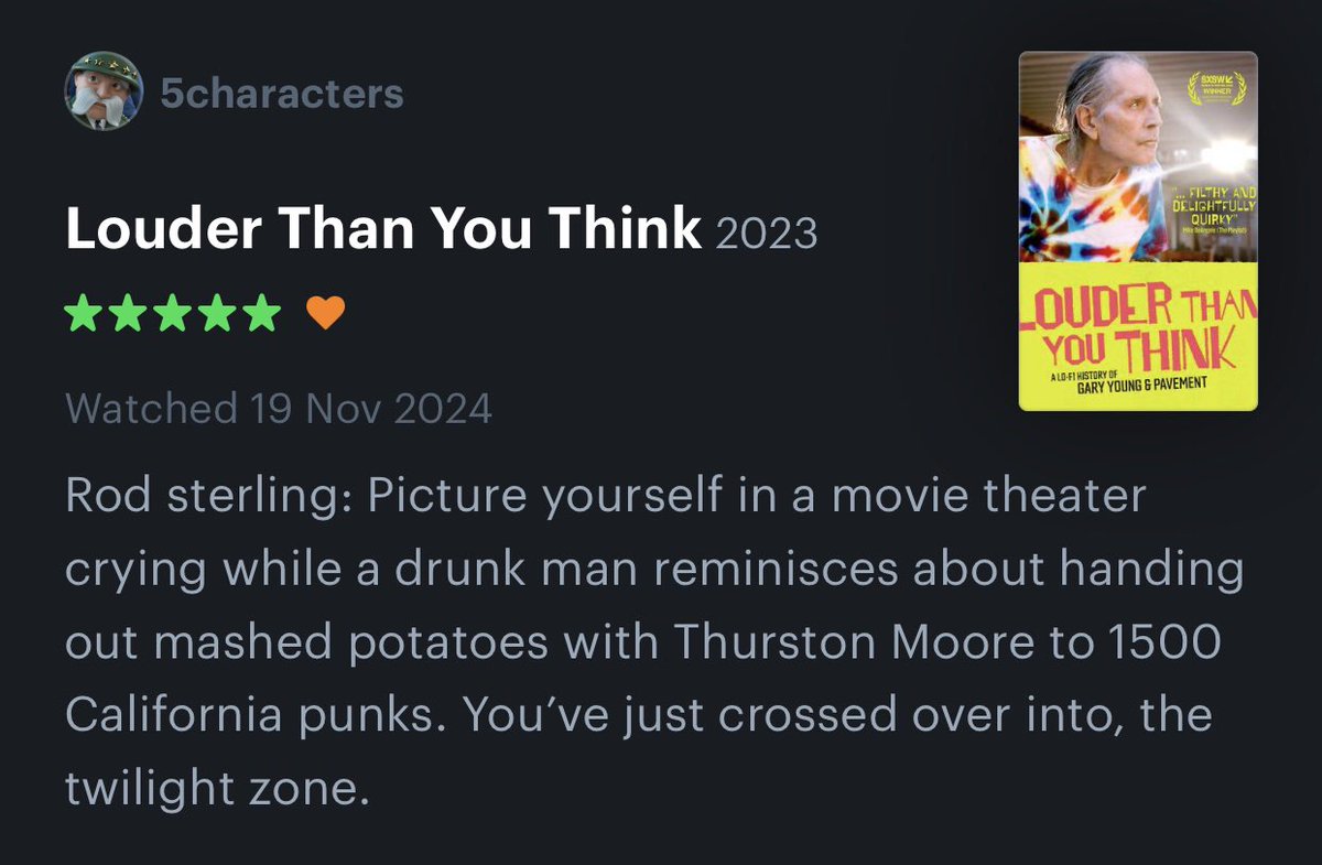 LTYTdoc's tweet photo. Louder Than You Think is on Letterboxd, and it’s getting some truly cool, Plantman-worthy love.  If you haven’t already, do consider rating, reviewing and liking our film! ❤️ https://t.co/O4QyJSZLY7