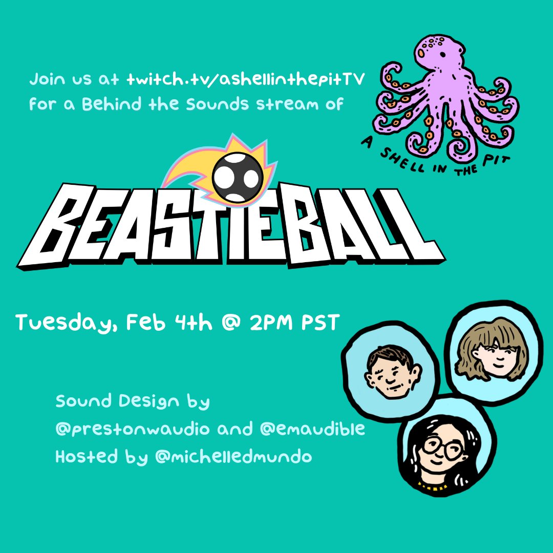 Join us for a little play through and chat about the sound design of <a href="/beastieball/">Beastieball</a> Feb 4th at 2pm PST with <a href="/emaudible/">Em🐌</a> <a href="/prestonwaudio/">Preston Wright</a> and <a href="/michelledmundo/">Michelle del Mundo</a> at twitch.tv/ashellinthepit… 💃#gameaudio