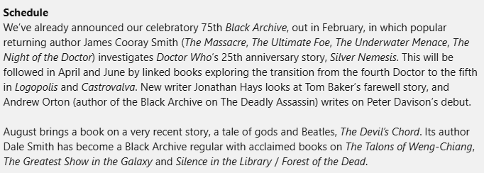 theblackarchive's tweet photo. Obverse Books is pleased to announce the Black Archive titles for 2025, covering stories from six Doctors and three decades. https://t.co/Ra1hBQMaK9