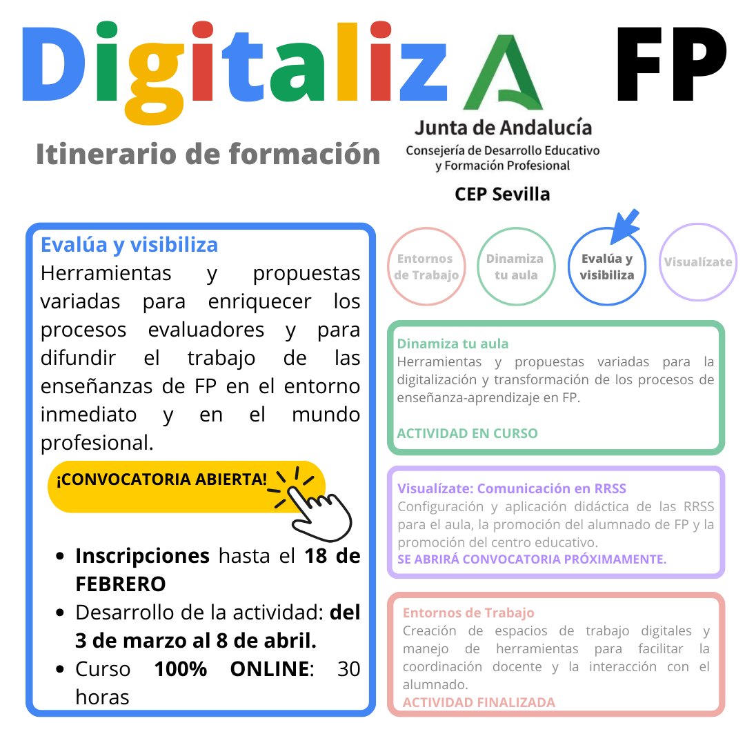 ¡SEGUIMOS! Convocatoria Regional del Itinerario #DigitalizaFP 🔵 #EvalúaYVisibiliza con herramientas <a href="/GoogleForEdu/">Google for Education</a> para 🧑🏼‍💻
<a href="/FPAndaluza/">Formación Profesional Andaluza</a>🧑🏽‍🔧👨🏼‍🎨👩🏽‍🏭👩🏻‍🍳👩‍🌾👷🏼‍♂️ 
📥¡INSCRIPCIONES hasta el 18 Febrero! 🏃🏽‍♂️ No te quedes sin tu plaza! <a href="/CEPdeSevilla/">CEP de Sevilla</a> juntadeandalucia.es/educacion/secr…