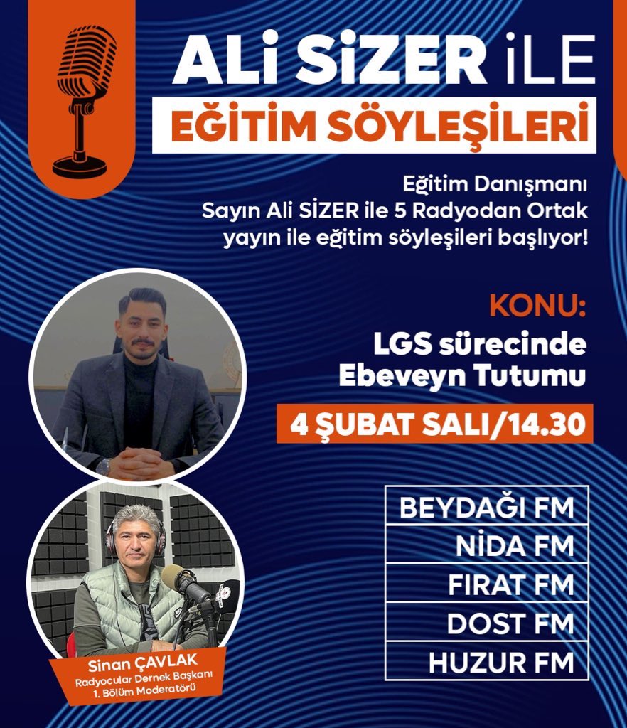 Ali Sizer İle #Eğitim Söyleşileri radyomuzunda dahil olduğu beş radyoda ortak yayın ile dinleyicilerimiz ile buluşacak.

Kendi programının konuğu olarak startı verilecek ilkin sunuculuğunu ise Sinan Cavlak yapacak.

#öğretim #kişiselgelişim #kaygı #sınav