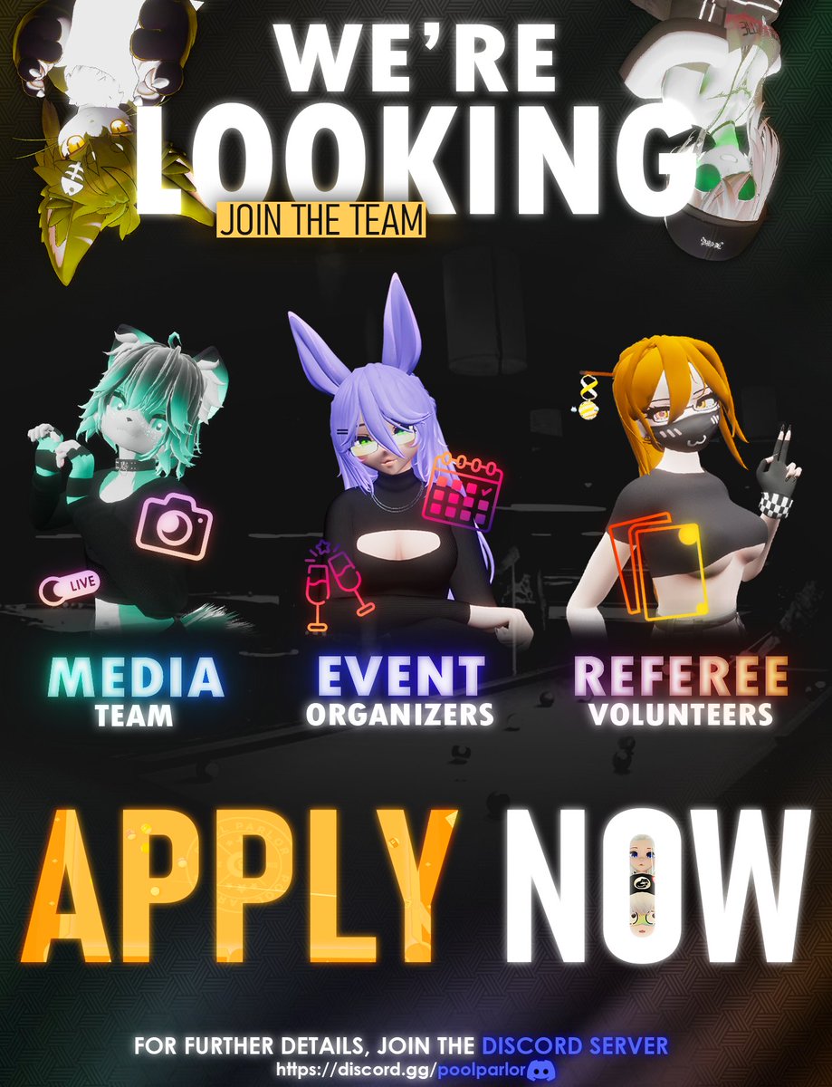 🚨We're Looking for Staff! 🚨

Pool Parlor is looking for new team members! Whether you're into Media, Refereeing, or Event Hosting, we want YOU to be part of the action. 🎱

 Applications are open in the Discord!

#PoolParlor #VRPool #VRChat_world #VRC