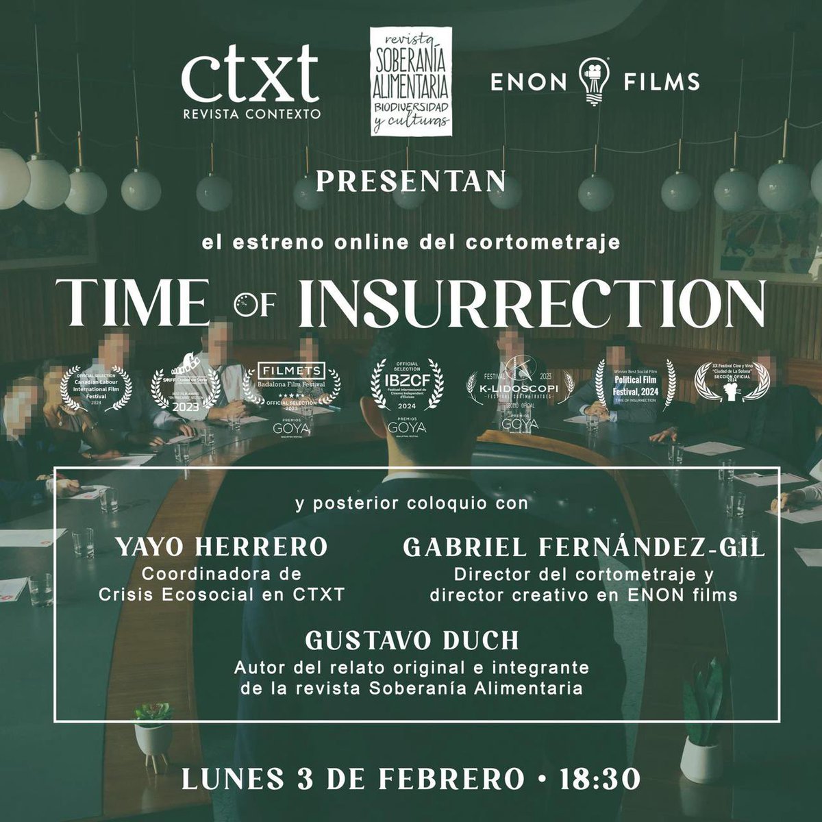 Estoy en el estreno online del cortometraje “Time of insurrection” organizado por @ctxt_es con el autor del relato <a href="/gustavoduch/">Gustavo Duch ⏚</a> junto al director Gabriel Fernández de <a href="/enonfilms/">ENON films | Story first production company. 2012.</a> en coloquio con Yayo Herrero. 
Un placer escuchar y reflexionar 😍