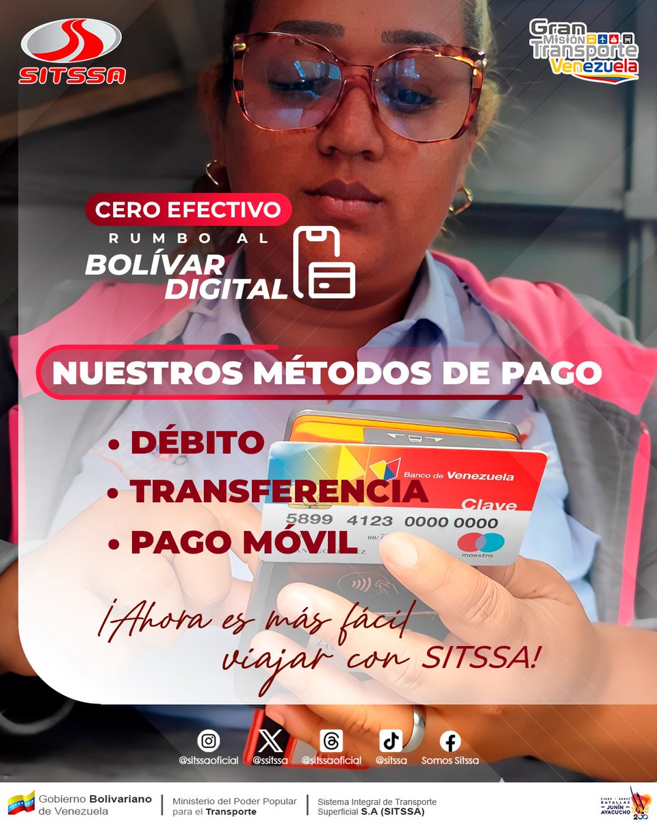 ¡Entérate! En SITSSA te brindamos una opción más segura y avanzada al elegir pagos electrónicos, lo que te permitirá disfrutar de un viaje más ágil y sin inconvenientes en:

• Parada de Gato Negro  
• Terminal "Hugo Chávez"  
• Terminal de Catia La Mar