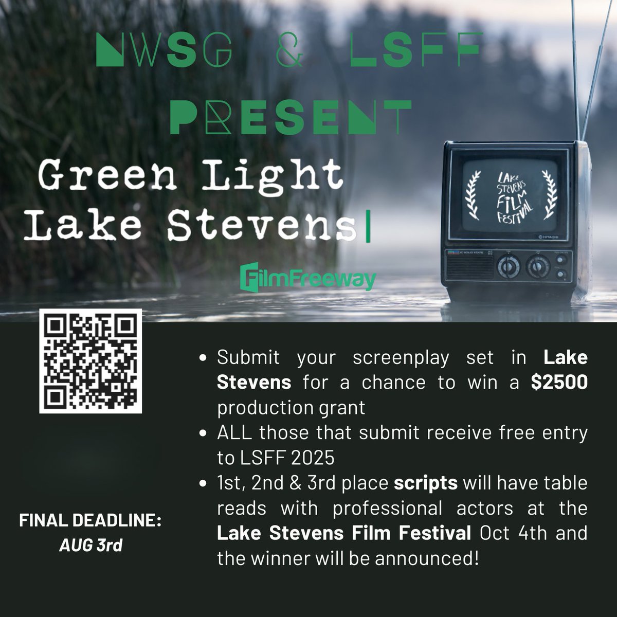 New contest alert! Screenwriters, get on it! Read more and submit your script here:  filmfreeway.com/LakeStevensFil… LakeStevensFilmFest.com