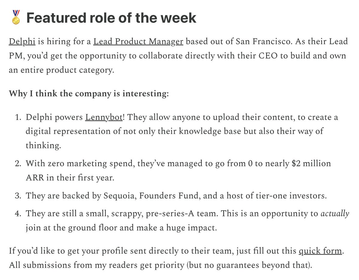 It's hard to hire great people, and it's hard to find great product roles.

That's why I'm introducing Featured role of the week in my newsletter.

At the end of every post, I'll be featuring a product or growth role at a startup I find interesting.

This is in addition to my
