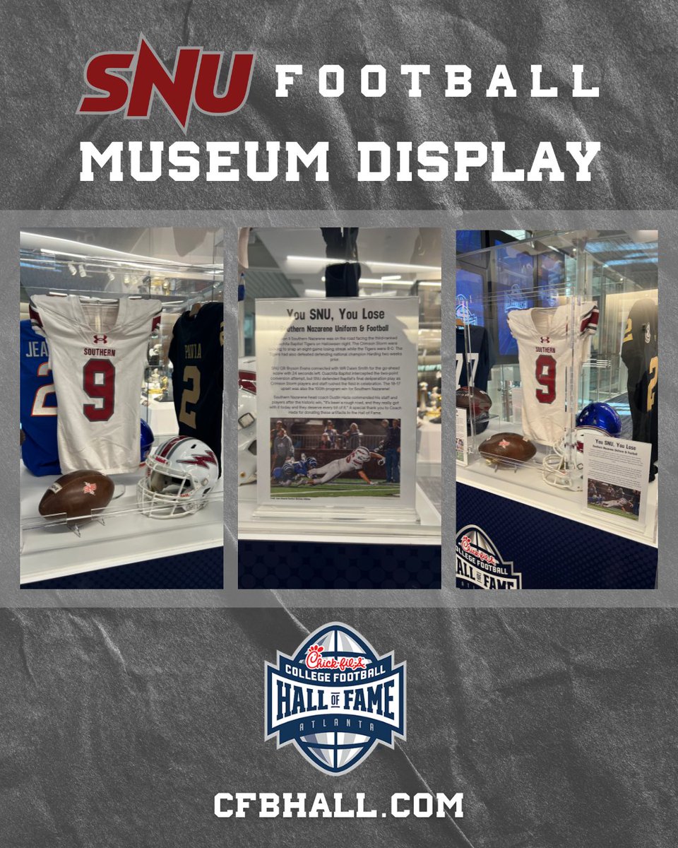 SNU Football (@snufootball) on Twitter photo SNU Football featured in <a href="/cfbhall/">College Football Hall of Fame</a> museum!
• 100th victory in program history
• 18-17 upset of #3 Ouachita Baptist
#CFBHallOfFame SNU Football featured in <a href="/cfbhall/">College Football Hall of Fame</a> museum!
• 100th victory in program history
• 18-17 upset of #3 Ouachita Baptist
#CFBHallOfFame